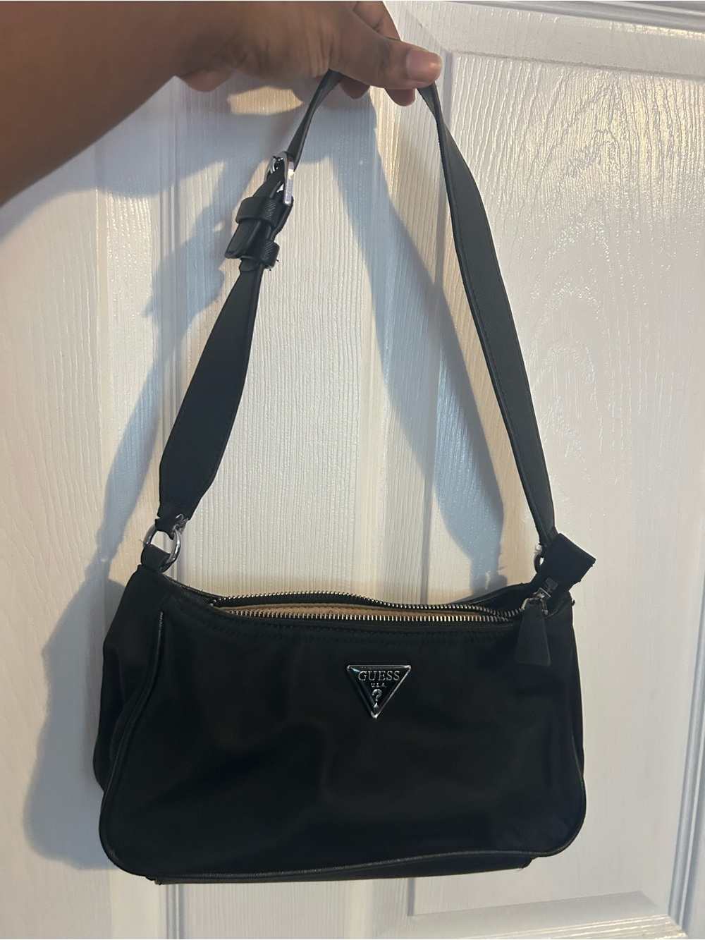 GUESS Black Shoulder Bag with Silver Logo Accent